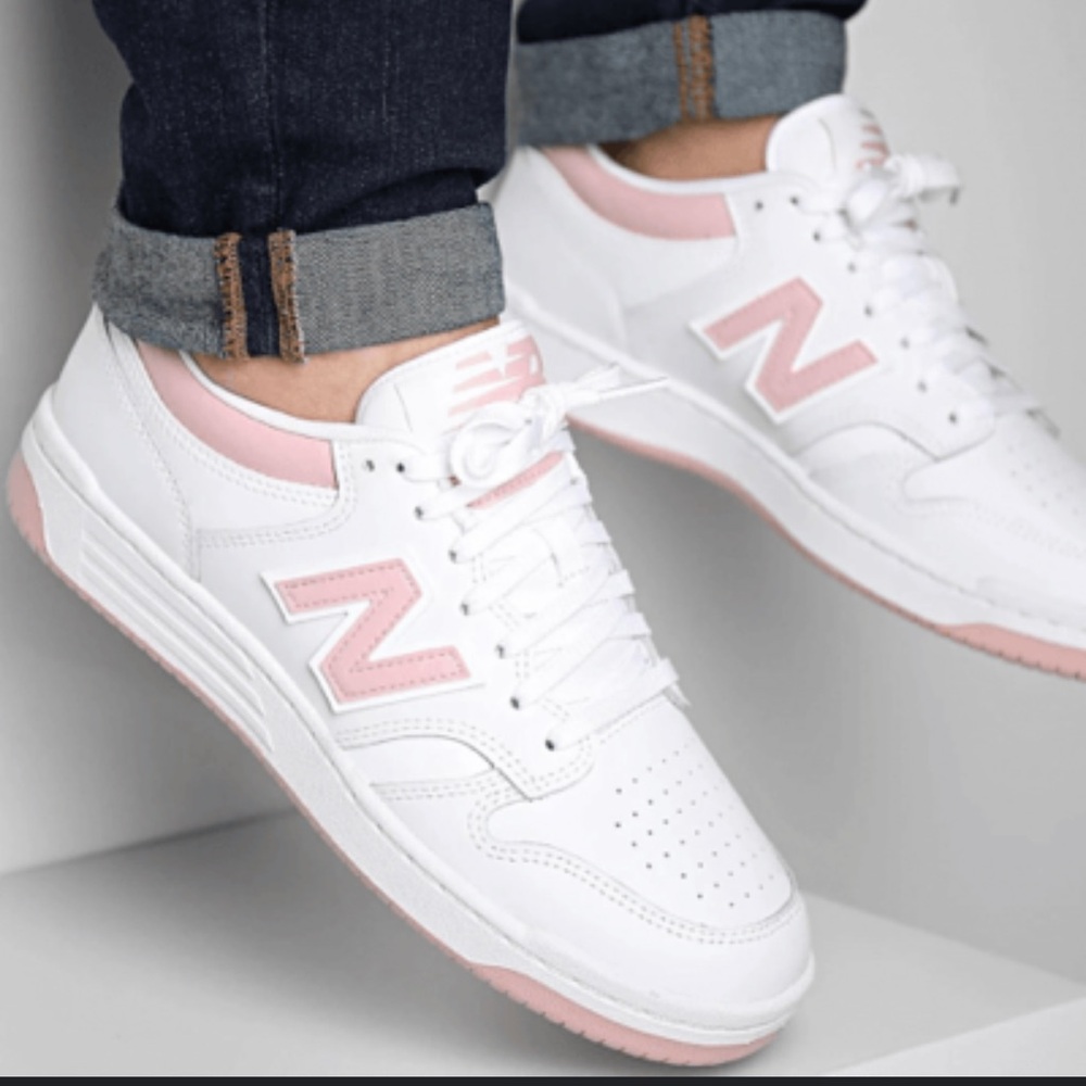 New Balance 480 pink and white sneakers